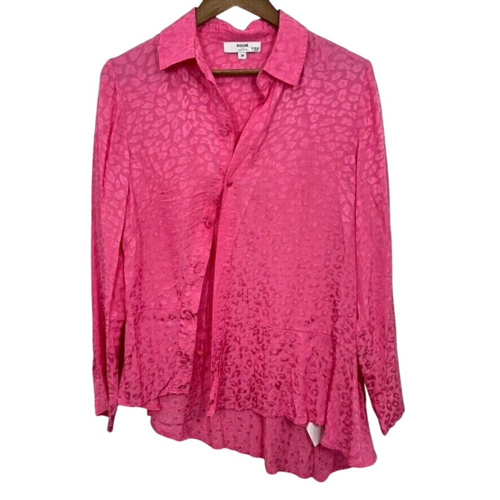 Koche Bright Pink Leopard‎ Print Asymmetrical Button Front Blouse Career Vibrant